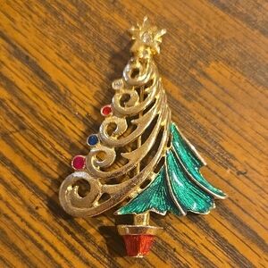 Gold and Green Christmas Tree Brooch